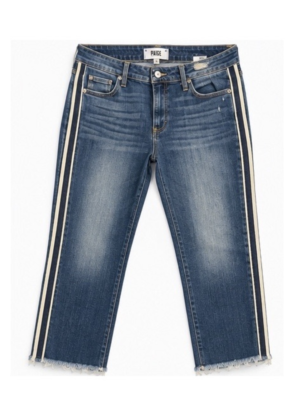 PAIGE Jeans Size 29 Crop Straight Raw Hem Side Stripe Blue Denim